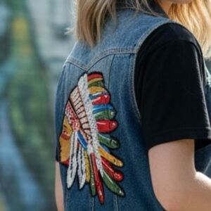 Moto Denim Vest Studded Lapel Native American Embroidery Patch Indian Motorcycle